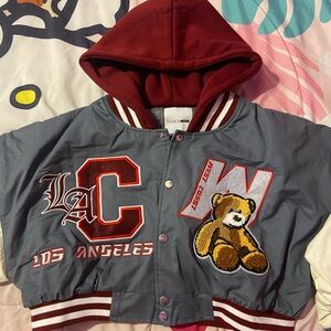 Fashion Nova Gray and Red Varsity Jacket